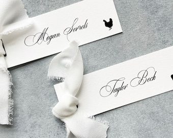 minimalist wedding placecards, simple place setting name cards with ribbon, paper place cards calligraphy, table setting for wedding decor