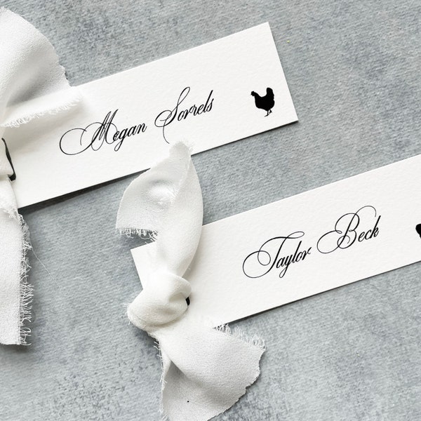 minimalist wedding placecards, simple place setting name cards with ribbon, paper place cards calligraphy, table setting for wedding decor