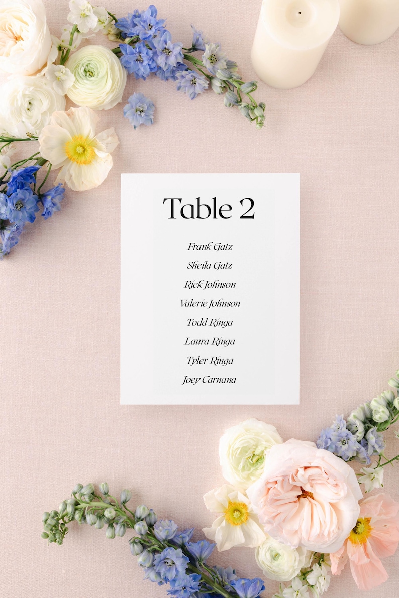 May include: Table number two seating chart with a list of names: Frank Gatz, Sheila Gatz, Rick Johnson, Valerie Johnson, Todd Ringa, Laura Ringa, Tyler Ringa, and Joey Carnana. The chart is surrounded by white and blue flowers.