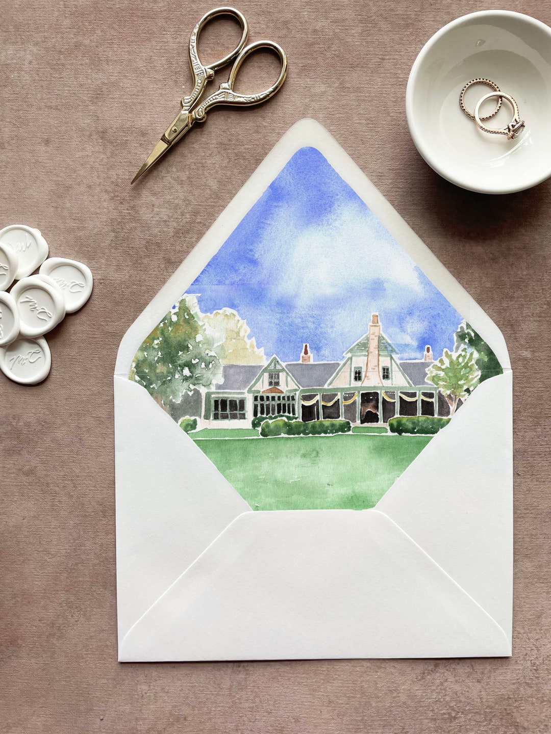 Custom Envelope Liner With Painting, Venue Envelope Liner Watercolor