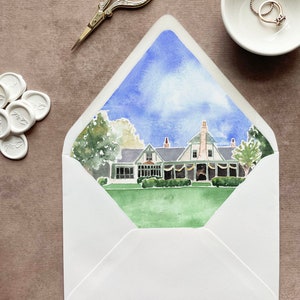 custom envelope liner with painting, venue envelope liner watercolor, wedding envelope liner illustration, lined envelopes 5x7