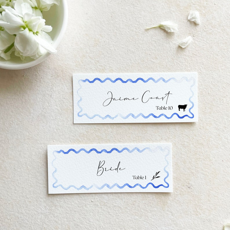 watercolor place cards modern, wavy name cards for wedding printed, beach place cards tropical, light blue placecards with meal image 1