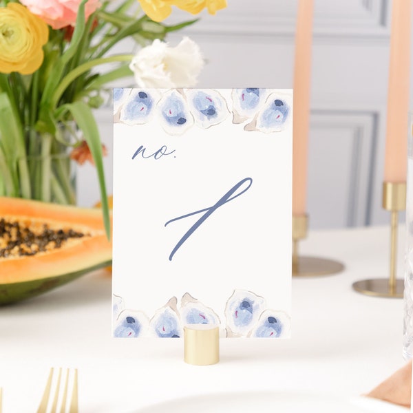 oyster table numbers printed, watercolor table number light blue, beach wedding decor, dusty blue table numbers wedding, shell table number