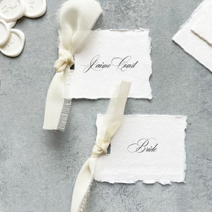 handmade paper place cards with ribbon ivory, calligraphy placecards digitally printed, elegant place cards flat, deckled edge place cards
