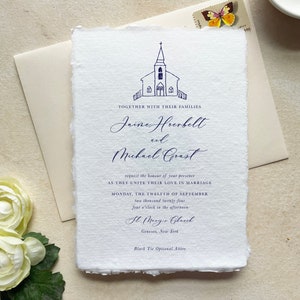 classic wedding invitation with church, elegant wedding invitation with chapel, custom wedding venue illustration, navy wedding invites