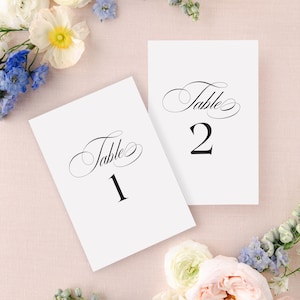 May include: Two white table number cards with black calligraphy. The top card reads "Table 2" and the bottom card reads "Table 1".