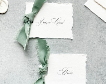 sage green wedding decor for table, sage placecard with ribbon, handmade paper place cards printed, sage ribbon wedding namecards dinner