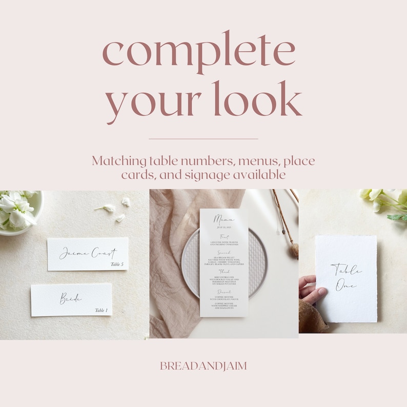 May include: A set of wedding stationery with a minimalist design. The set includes a menu, a table number card, and two place cards. The cards are all white with black calligraphy. The text on the menu reads "Menu" and includes a list of food items. The table number card reads "Table One". The place cards read "Jaime Cart, Table 5" and "Bride, Table 1". The text "BREADANDJAIM" is printed at the bottom of the image.