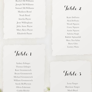 May include: Four white cards with black text listing table numbers and names of guests. The cards are on a white background with white flowers.