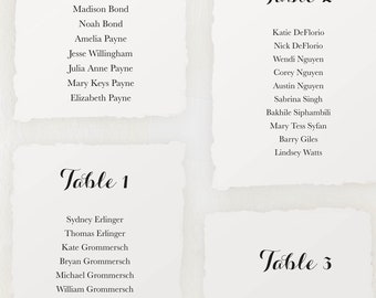 Seating chart cards printed, handmade paper table numbers with names, deckled edge seating chart wedding, calligraphy seating chart sign