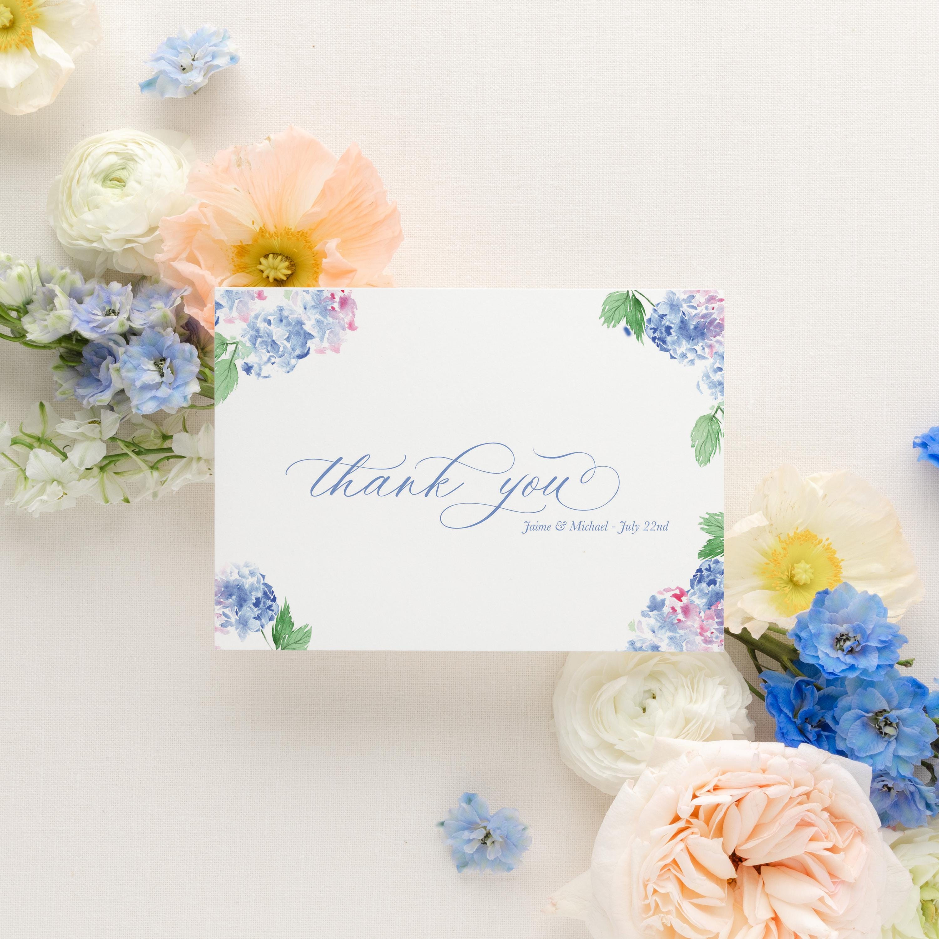 Hydrangea Thank You Card and Envelope, Watercolor Notecards Floral ...
