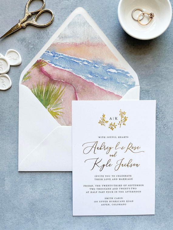Beach Envelope Liner Watercolor, Printed Envelope Liners Wedding
