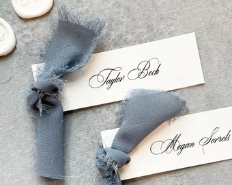 dusty blue placecards with ribbon, flat place cards with meal choice, thin place cards, minimalist name card, escort card for wedding