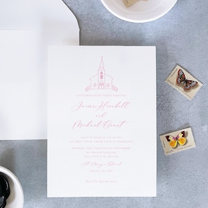 blush wedding invitation with church, custom venue wedding invitation with chapel, bright wedding invitation colorful, venue illustration
