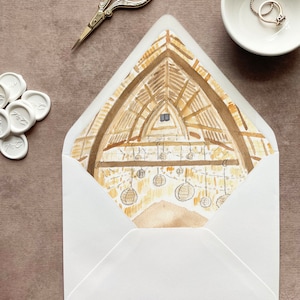 rustic envelope liner insert, venue envelope liner illustration, wedding envelope liner A7, 5x7 envelope liner watercolor, painting envelope