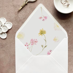wildflower envelope liner floral, bright floral wedding invitation with envelope, flower envelope liners printed, floral lined envelopes