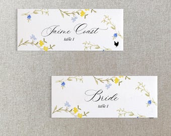 blue and yellow floral place cards with meal choice and table numbers for wedding, rehearsal dinner, bridal shower baby, printed name tags