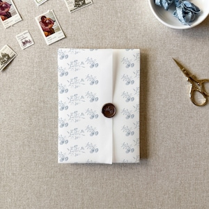 blue floral vellum jacket, blue wildflower clear translucent wrap for DIY invitations, winter floral vellum wrap for 5x7 Wedding Invites