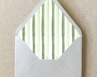 Watercolor Sage Green Stripe Euroflap Envelope Liner | Set of 10 | For 5x7” Invitations