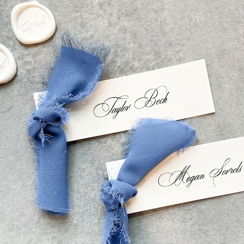 minimalist wedding placecards with meal choice, simple place setting name cards with meal icon, paper place cards calligraphy, with ribbon image 4