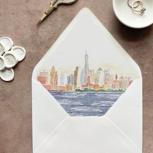 nyc envelope liner, New York envelope liner watercolor, nyc wedding invitations New York, nyc lined envelopes a7, envelope insert New York