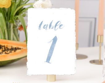 water color table numbers printed, watercolor table sign wedding, light blue table numbers dusty blue, deckled edge table numbers vintage