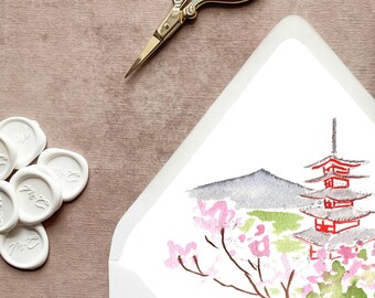 Mt Fuji Tokyo Japan Watercolor Wedding Invitation A7 Euroflap Envelope Liners | Set of 10