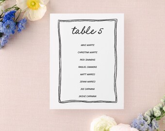 May include: A white card with a black border and the text "table 5" in black cursive writing. The card lists the names of eight guests: Mike Marte, Christina Marte, Rick Simmons, Raquel Simmons, Matt Mareci, Jenna Mareci, Joe Carnana, and Jackie Carnana.