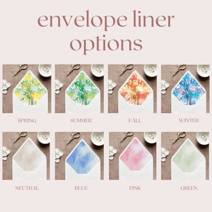 May include: Eight different envelope liner options. The first row shows four seasonal designs: spring with yellow trees, summer with green trees, fall with orange trees, and winter with blue trees. The second row shows four solid color designs: neutral, blue, pink, and green.