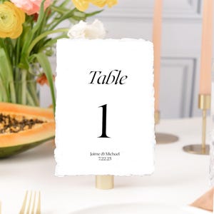 classic table numbers printed, modern table numbers wedding, handmade paper table number cards, elegant table numbers deckled edge