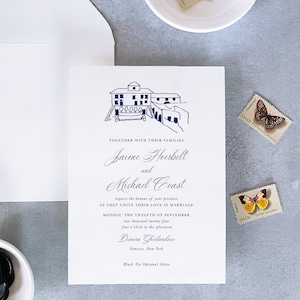 hand drawn wedding venue sketch invitation, tuscany wedding invitation navy blue, simple wedding invitation elegant, custom illustration