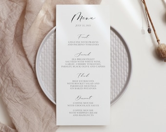 personalized menu wedding, calligraphy menu elegant, printed menu cards place setting, modern menu card for rehearsal dinner, wedding menu