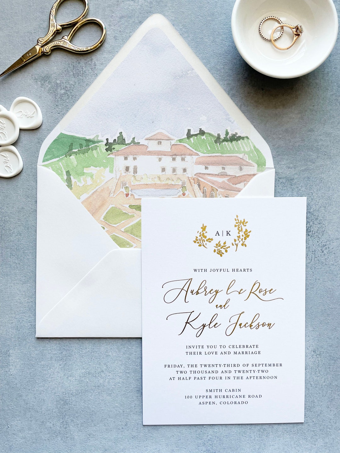 Watercolor Envelope Liner Italian, Tuscany Destination Wedding
