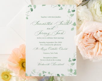 Eucalyptus Greenery Rustic Barn Wedding Invitation Suite Printed: With Details, RSVP, and Envelopes