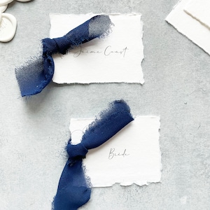 navy place card with ribbon, calligraphy place card (digitally printed), deckled edge place cards with look of hand lettering, handmade