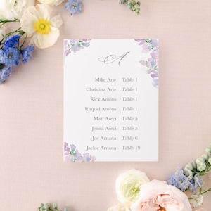 May include: A white wedding seating chart card with a floral design and guest names. The card is surrounded by white, blue, and pink flowers. The card lists names and table numbers.