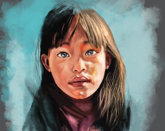 May include: A young girl with long brown hair and blue eyes looks directly at the camera. She is wearing a dark blue jacket and a pink shirt.