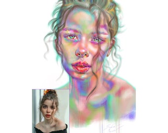 May include: A digital painting of a woman with a flower in her hair. Her face is painted in a rainbow of colors, and her hair is a vibrant green. The background is a white gradient.