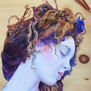 May include: A painting of a woman with long, curly brown hair. Her eyes are closed and she is looking down. The painting is done in a realistic style and the woman's skin is painted in shades of blue and purple.