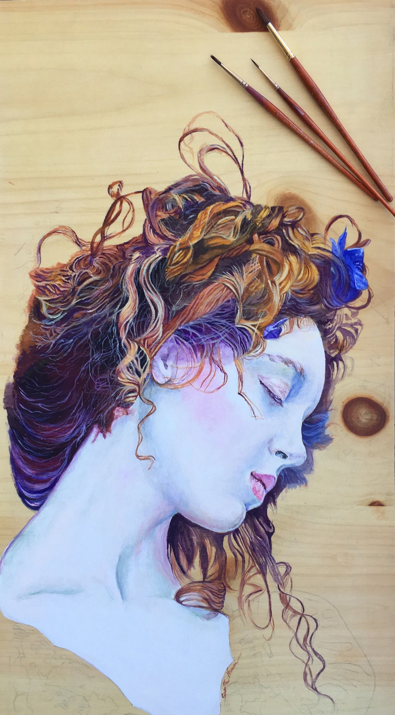 May include: A painting of a woman with long, curly brown hair. Her eyes are closed and she is looking down. The painting is done in a realistic style and the woman's skin is painted in shades of blue and purple.