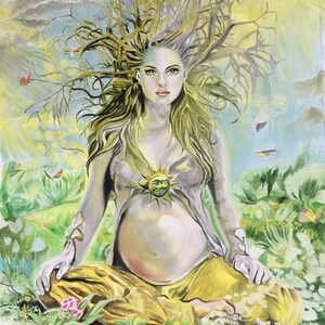 May include: A painting of a pregnant woman with long flowing hair, surrounded by a tree with branches reaching up to the sky. The woman is wearing a yellow and brown dress and has a sun symbol on her chest. The background is a light blue and yellow sky with green foliage.