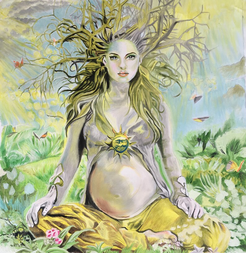 May include: A painting of a pregnant woman with long flowing hair, surrounded by a tree with branches reaching up to the sky. The woman is wearing a yellow and brown dress and has a sun symbol on her chest. The background is a light blue and yellow sky with green foliage.