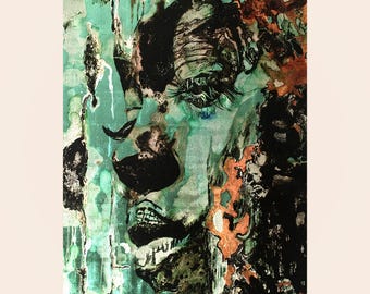 Óxido bajo la piel: retrato original grunge de técnica mixta sobre pan de metal iridiscente. Pintura contemporánea.