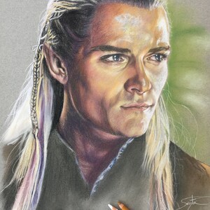 May include: A detailed colored pencil drawing of a man with long, white blonde hair. He has a serious expression on his face and is looking to the right. The drawing is on a gray background.