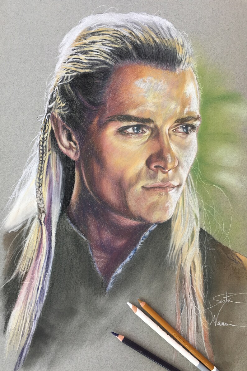 May include: A detailed colored pencil drawing of a man with long, white blonde hair. He has a serious expression on his face and is looking to the right. The drawing is on a gray background.