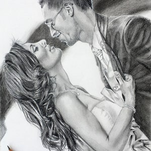 May include: A black and white pencil drawing of a couple embracing. The woman is wearing a white dress and the man is wearing a suit. The drawing is signed in the bottom right corner.