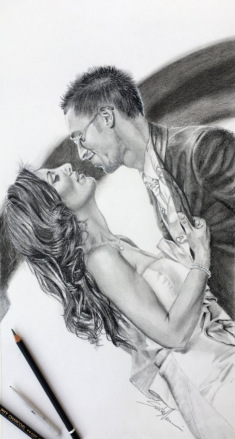 May include: A black and white pencil drawing of a couple embracing. The woman is wearing a white dress and the man is wearing a suit. The drawing is signed in the bottom right corner.