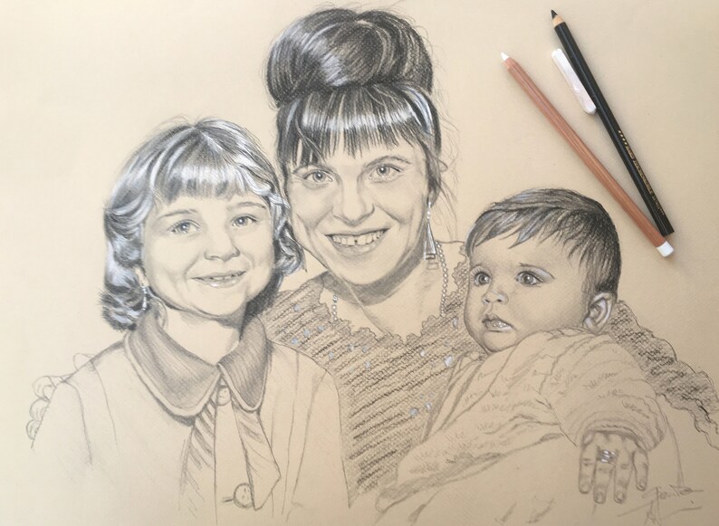 May include: A black and white pencil drawing of three people. A woman with dark hair is holding a baby in her arms. A young girl with light hair is standing next to the woman. The drawing is on a light brown background.