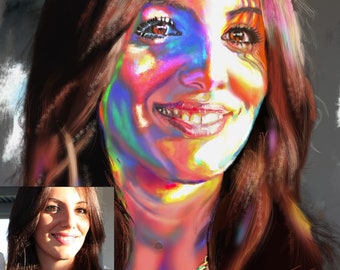 May include: A colorful digital painting of a woman with long brown hair. The woman is smiling and wearing a green and gold necklace. The painting is done in a vibrant style with a rainbow of colors.