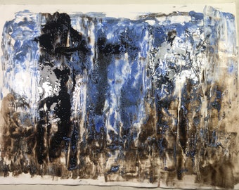 Abstract grunge paintings in blue and tar tones, mixed media on canvas, earthy textured layers, original expressive art, Ready To Ship